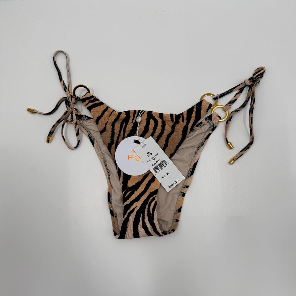 PQ Swim Bikini Bottom SZ Small NWT Cleo Link TieSide Teeny Tiger Print Gold Ring - Picture 16 of 16